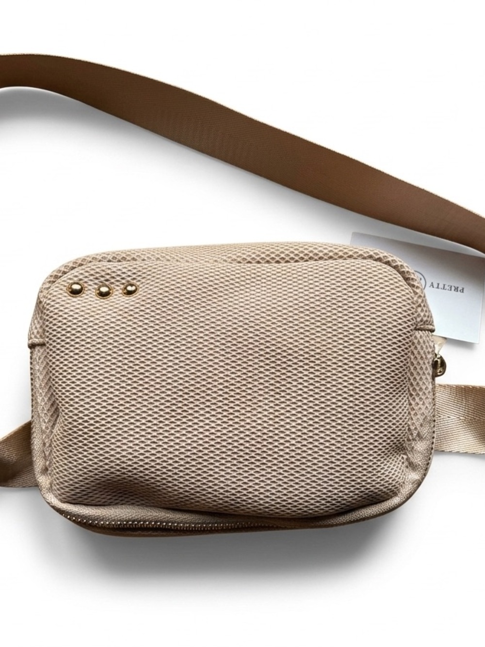 Beige Mesh Belt Bag with Adjustable Brown Strap